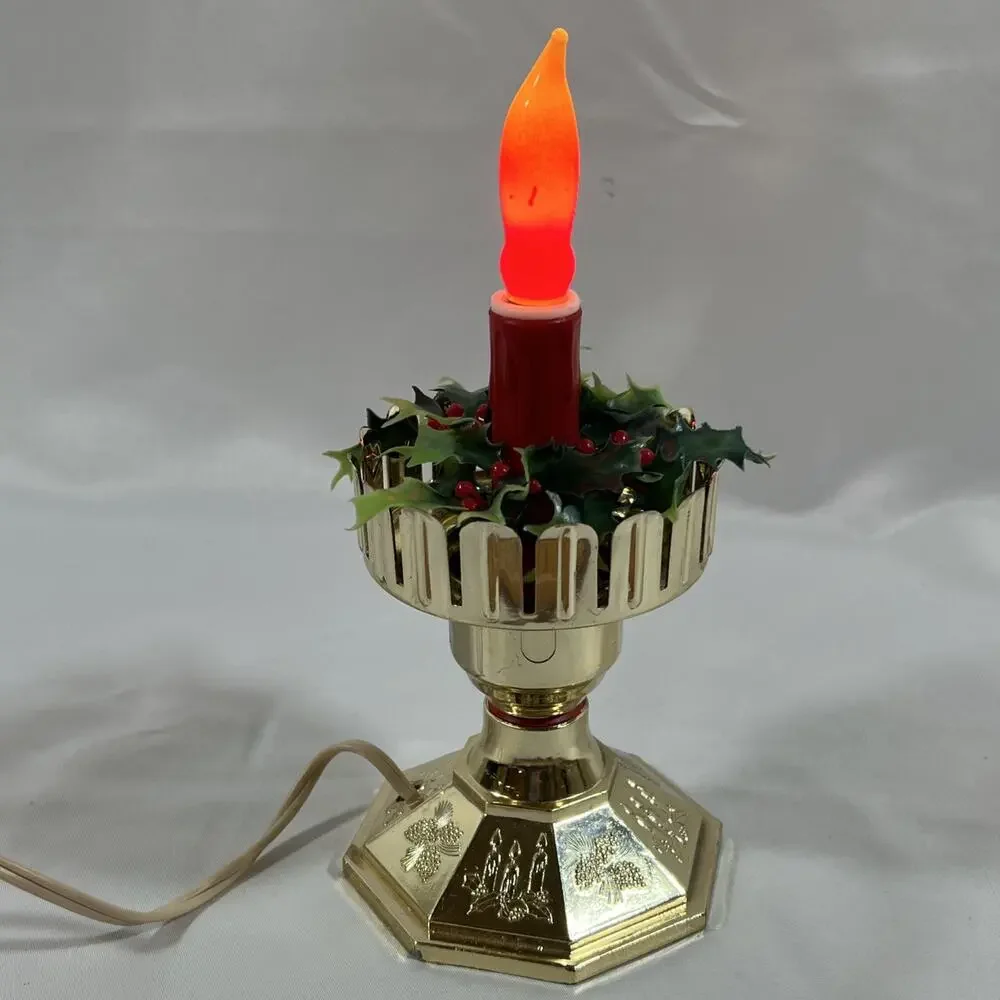 Vintage Blow Mold Plastic Light Up Candle Christmas Holly Lamp Electric Window